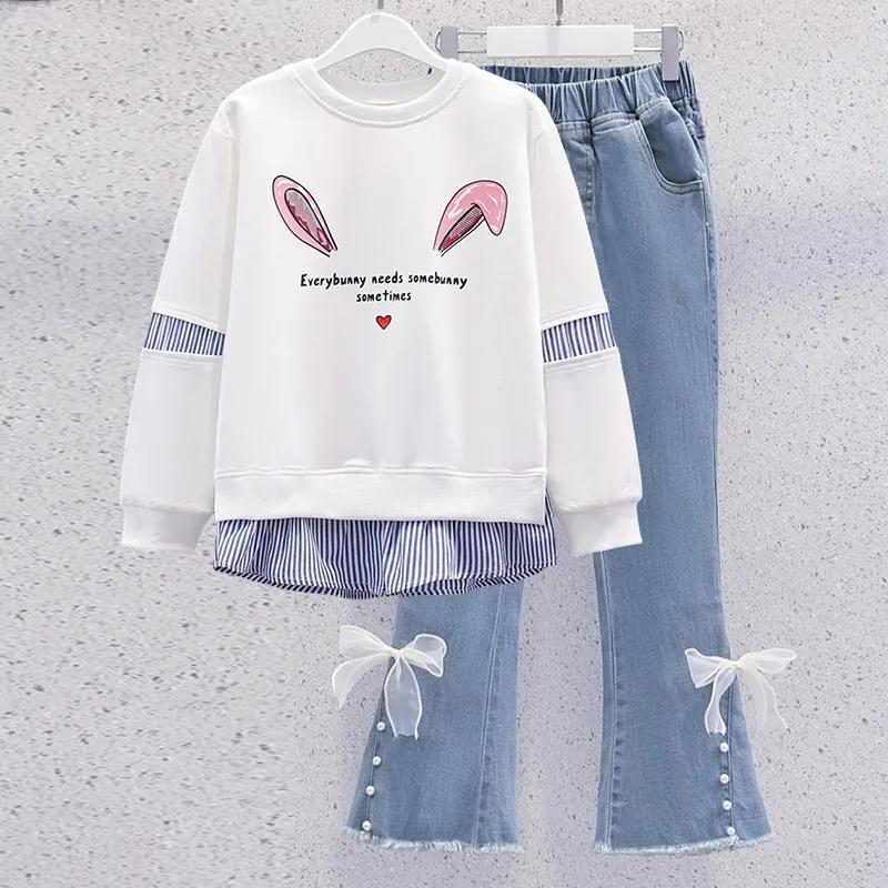 Mädchen Frühling Casual Anzug Mittleren und Großen Kindern Langarm Rundhals Pullover + Jeans Zwei-stück Set