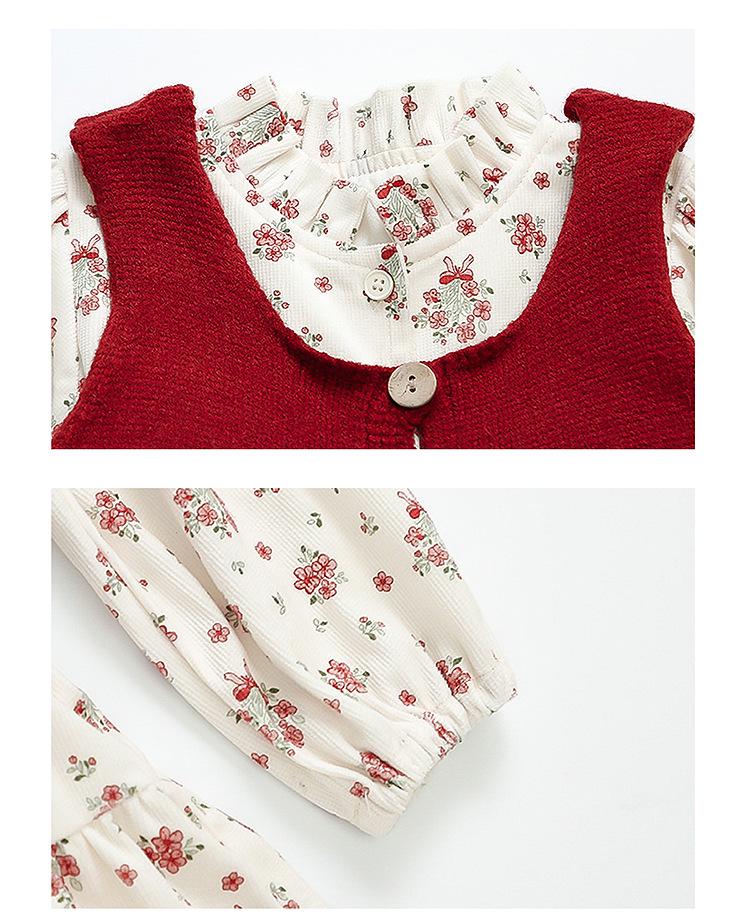 2025 Autumn Floral Dress & Sweater Vest Set for Girls – Fashionable Princess Outfit