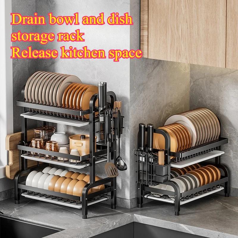 Three Tier Dish Drying Rack Drain Board Set Tableware Drainer Kitchen Countertop Storage Rack Cup Holder Knife and Fork Holder
