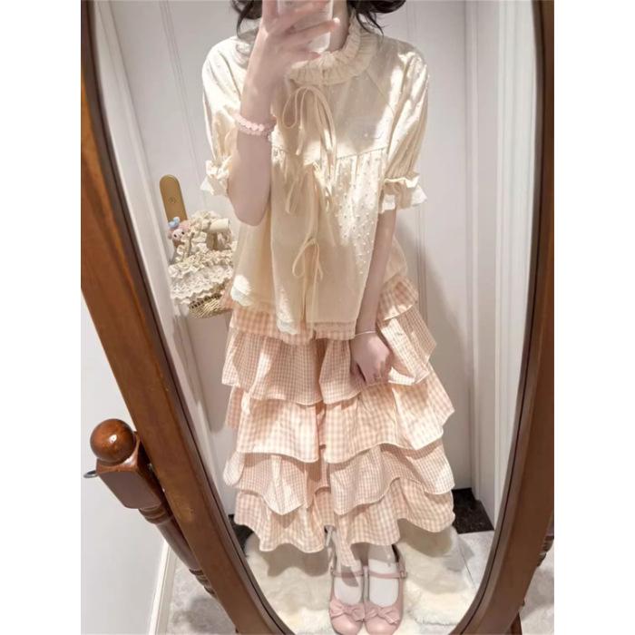 

Women s Summer Dopamine Outfit: Tie-Up Shirt & Pink Plaid Skirt Two-Piece Set S