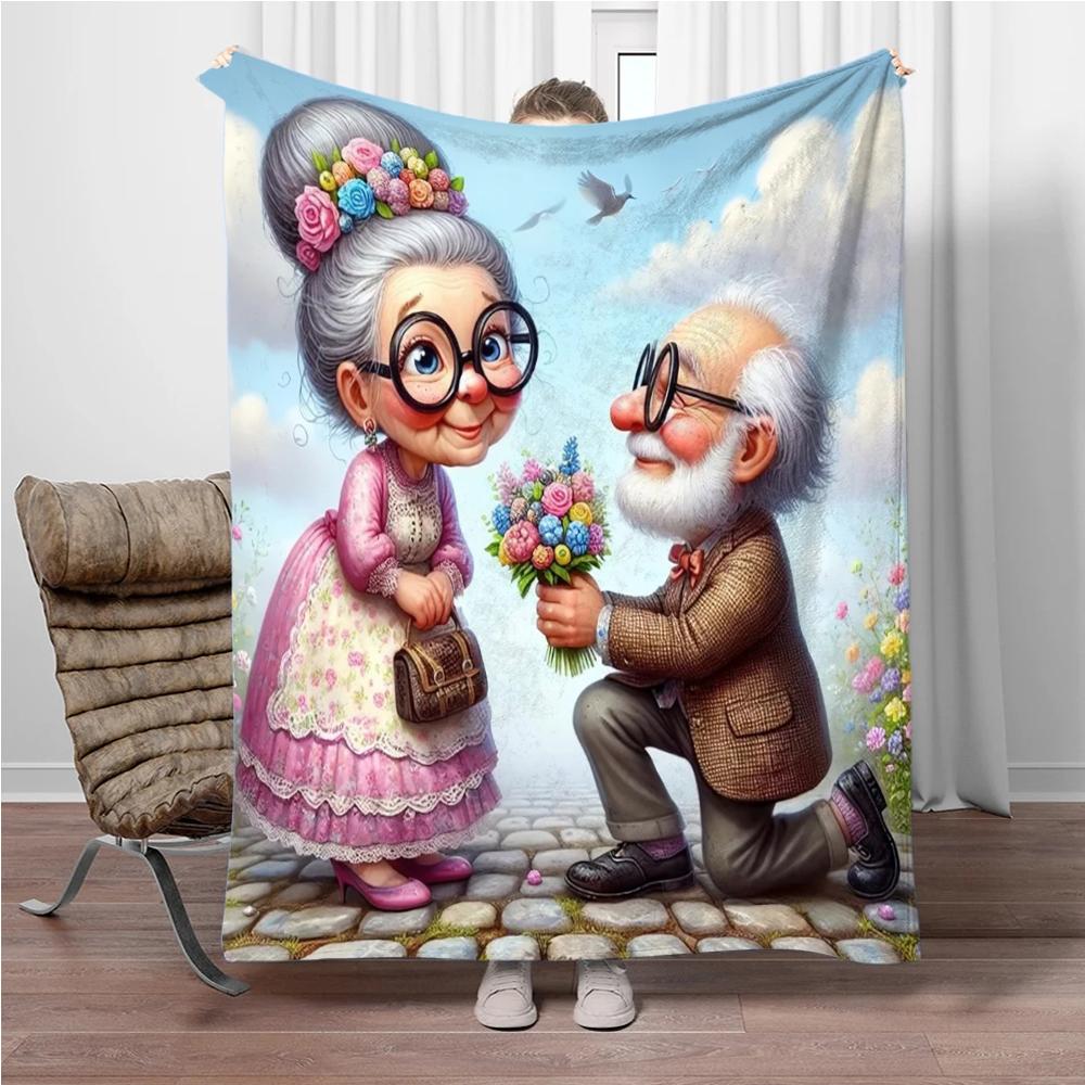 Cartoon-Opa und -Oma Flanelldecke Weich Warm Halten Überwurfdecke Decke Für Sofa Bett Büro Camping Reisen Geschenke