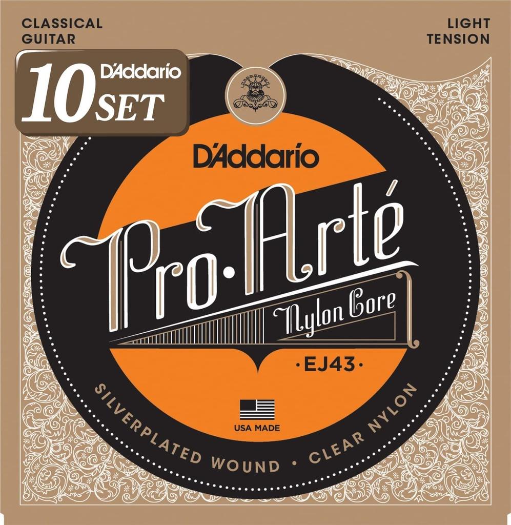 ProArte Classical Guitar D'Addario Strings, Silver/Clear Light, EJ43, 10-Pack