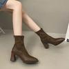 French cowhide thin boots high heel short boots women's autumn and winter new square head temperament Martin boots slim elastic boots