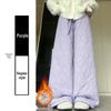 Women's Black Thick Lambswool Cotton Patchwork Wide-Leg Pants - Autumn/Winter Warm Velvet Plush, Straight-Leg Style