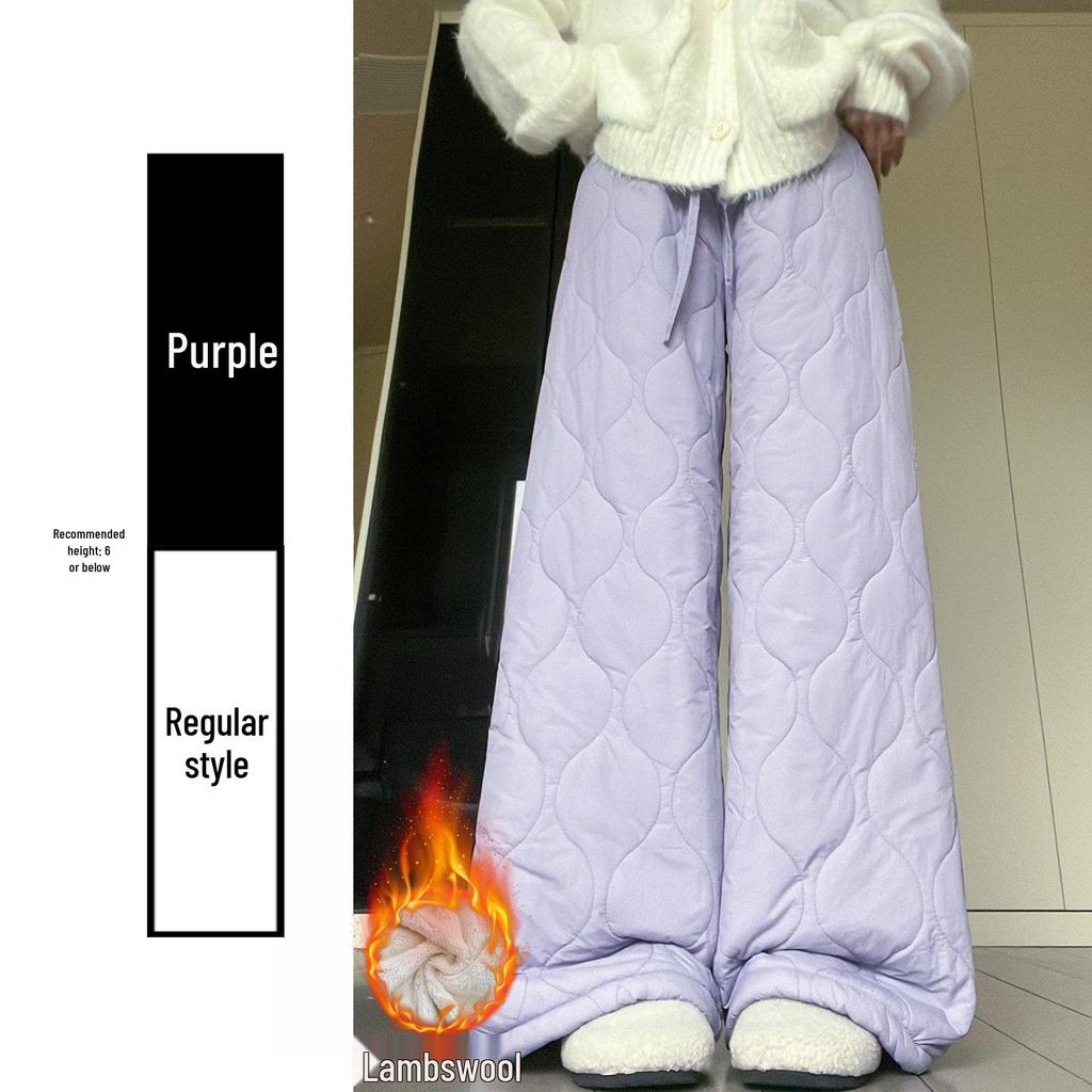 Women's Black Thick Lambswool Cotton Patchwork Wide-Leg Pants - Autumn/Winter Warm Velvet Plush, Straight-Leg Style
