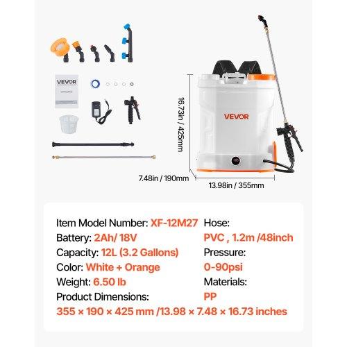 VEVOR Battery Powered Backpack Sprayer, 12L Powerful Electric Backpack Sprayer, 2 Retractable Wands & 5 Nozzles, Adjustable 0-90 PSI
