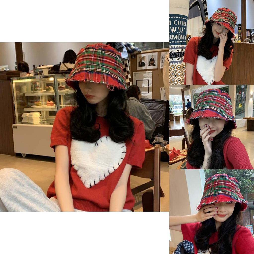Chic Red Plaid Bucket Hat For Women Vintage Style Sun Protection Breathable Cotton
