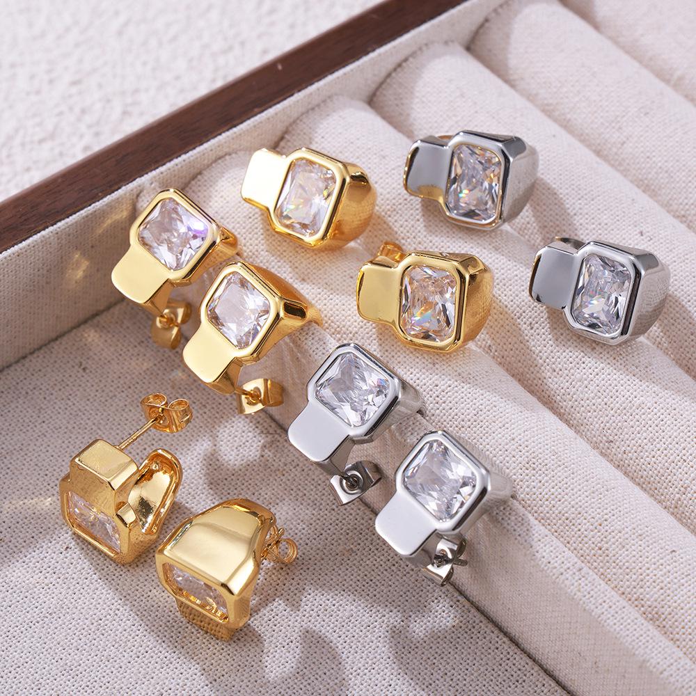 Hepburn-Inspired Geometric Diamond Earrings: Versatile, Fashionable, Light Luxury Copper with 18k Gold Plating