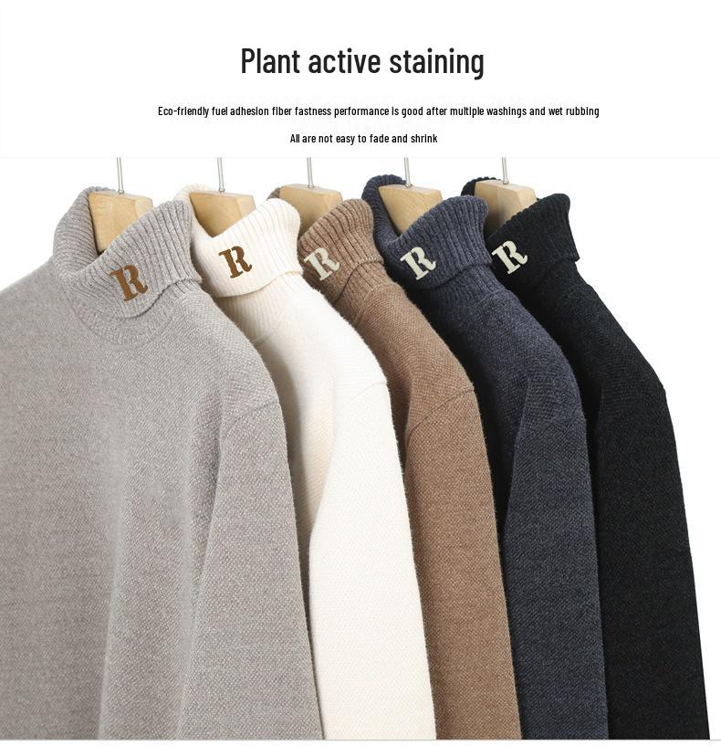 Men's Thick Velvet Sweater - High Collar, Solid Color, Winter Knit Base Layer