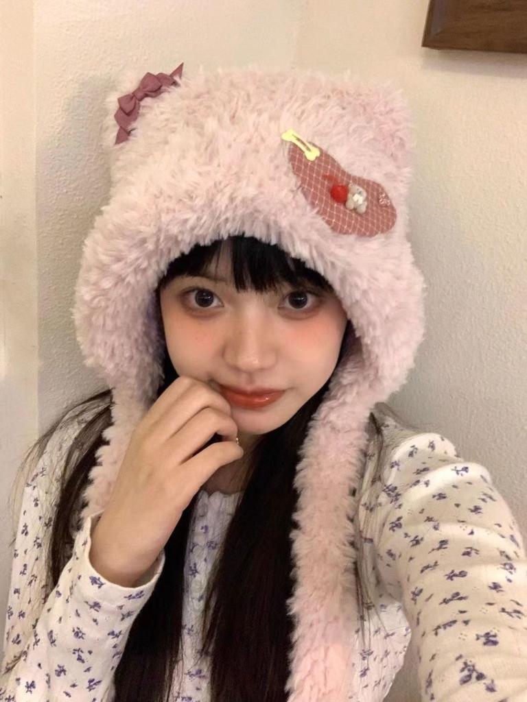 Bonnet d'hiver plus polaire mignon ours en peluche chaud bonnet d'oreille chapeau tricolore pour filles