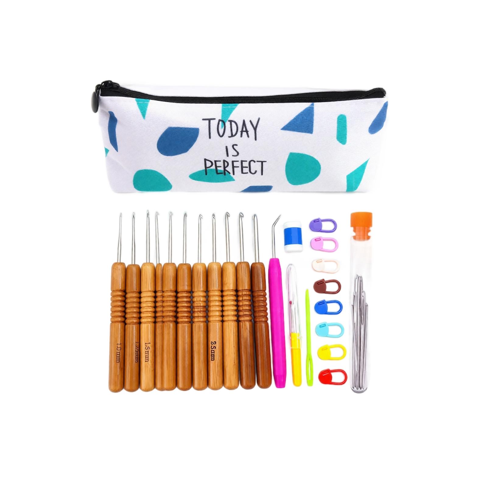Complete Crochet Hook Set with Bamboo Handles Including 10 Hooks Various Sizes and 33 Accessories for DIY Crafting and Knitting Tools Kit One Size
