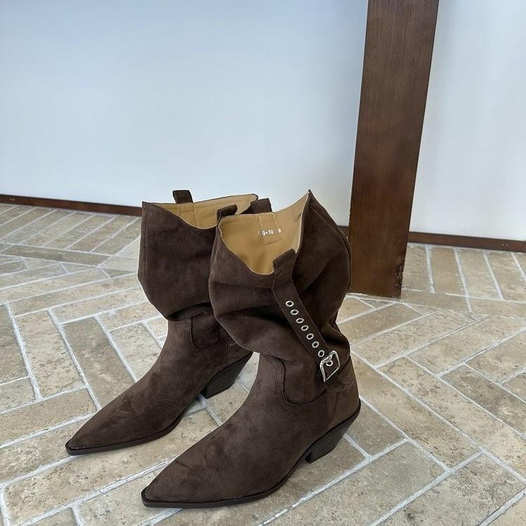 Women's Fashion 2025 Pointed Heel Coarse Heel Versatile Medium Boots Stacking Boots French Western Boots Casual Fashion Boots