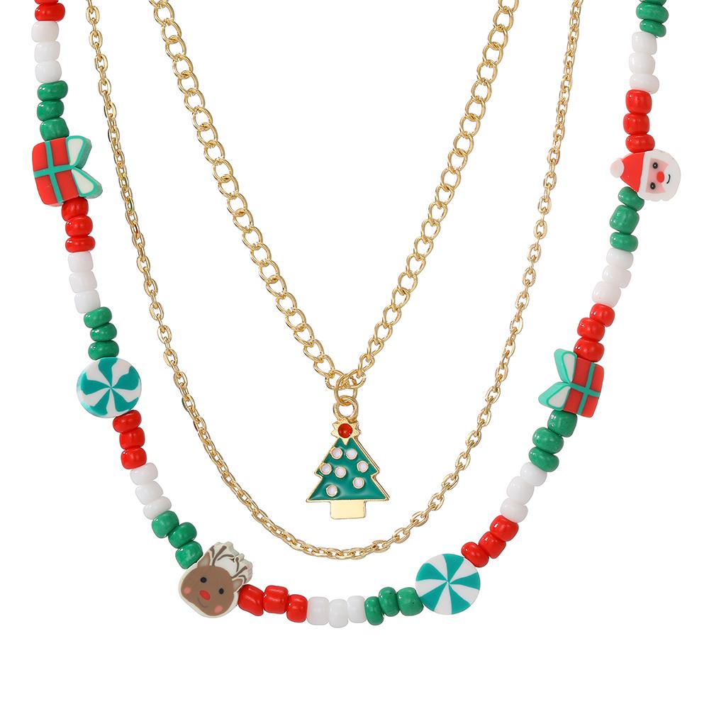 2023 New Cartoon Girl Gift Snowflake Santa Claus Christmas Tree Necklace Set Christmas Models Chain Rice Beads Bells Fawn Necklace 3pcs