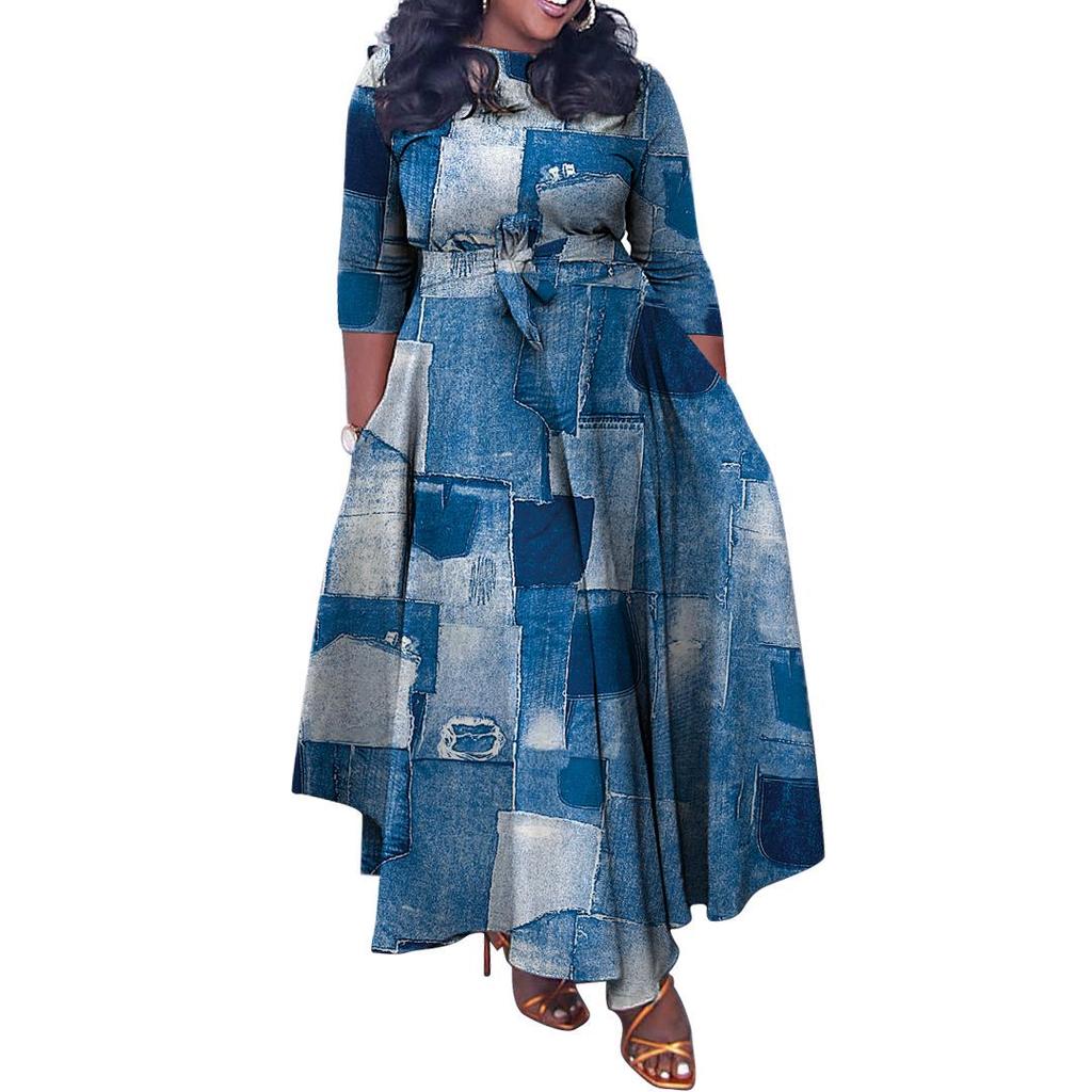 2024 Herbst/Winter Afrikanisches Übergrößen Damen Schnürkleid Lang