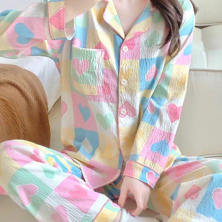 Women's Spring & Autumn Pajama Set - Sweet Style, Long Sleeve & Pants, Loose Fit, Spandex Cotton Ice Silk, Wear Outside.