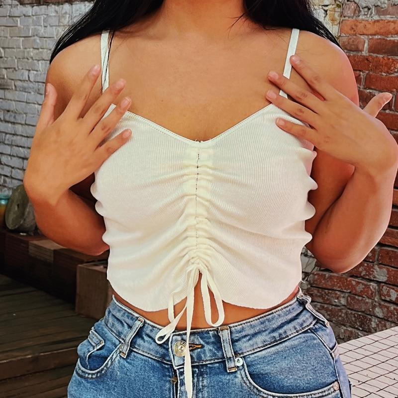FINETOO Trendy Drawstring Camisoles Women Candy Color Sleeveless Tops Comfortable Tanks Ladies Soft Top Streetwear Camisole 2022