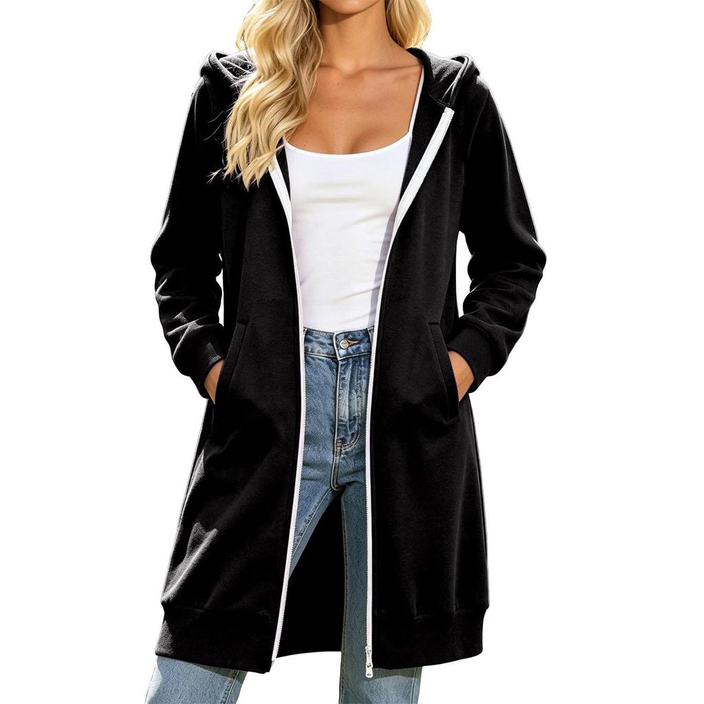 Women's Long Zip-Up Hoodie with Pockets, Casual Versatile Hooded Coat for Everyday Wear