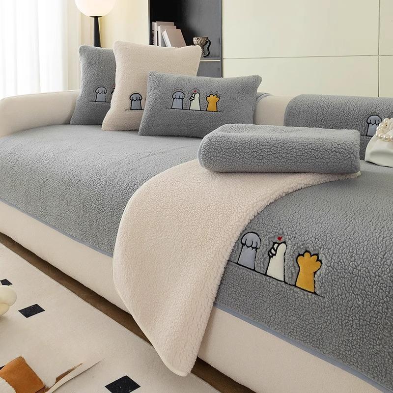 Lambswool Sofa Cushion Thickened Warm Winter Plush Cushion Simple Modern Non-Slip Leather Sofa Cover Cover Cloth