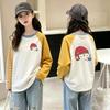 Girls' Color Block Cotton Long Sleeve T-shirt - Spring/Autumn Spliced Round Neck Top for Medium & Large Children