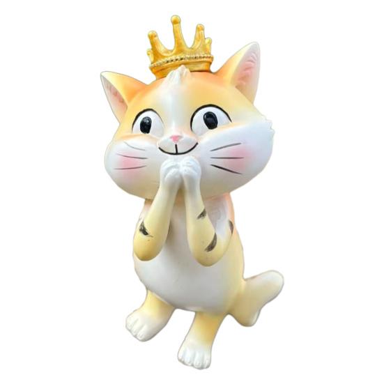 Cute Cat Figurine Small Resin Cat Statue with Crown Cartoon Desktop Ornament for Home Office Car Decor Gift for Cat Lovers