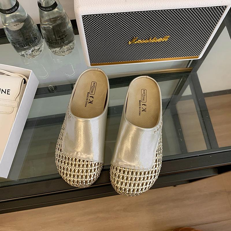 

Плетеные полые тапочки на толстой подошве с прохладным верхом, женские, новые 2025 года, удобные и дышащие, пляжные римские тапочки на одной педали 35 шампанского