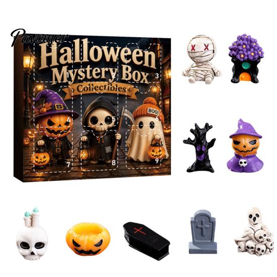 Halloween Countdown Calendar Advent with 9 Mini Resin Figures, Day Spooky Miniature Pumpkin Skeleton Figurines To Calendar, Surprise Collectible