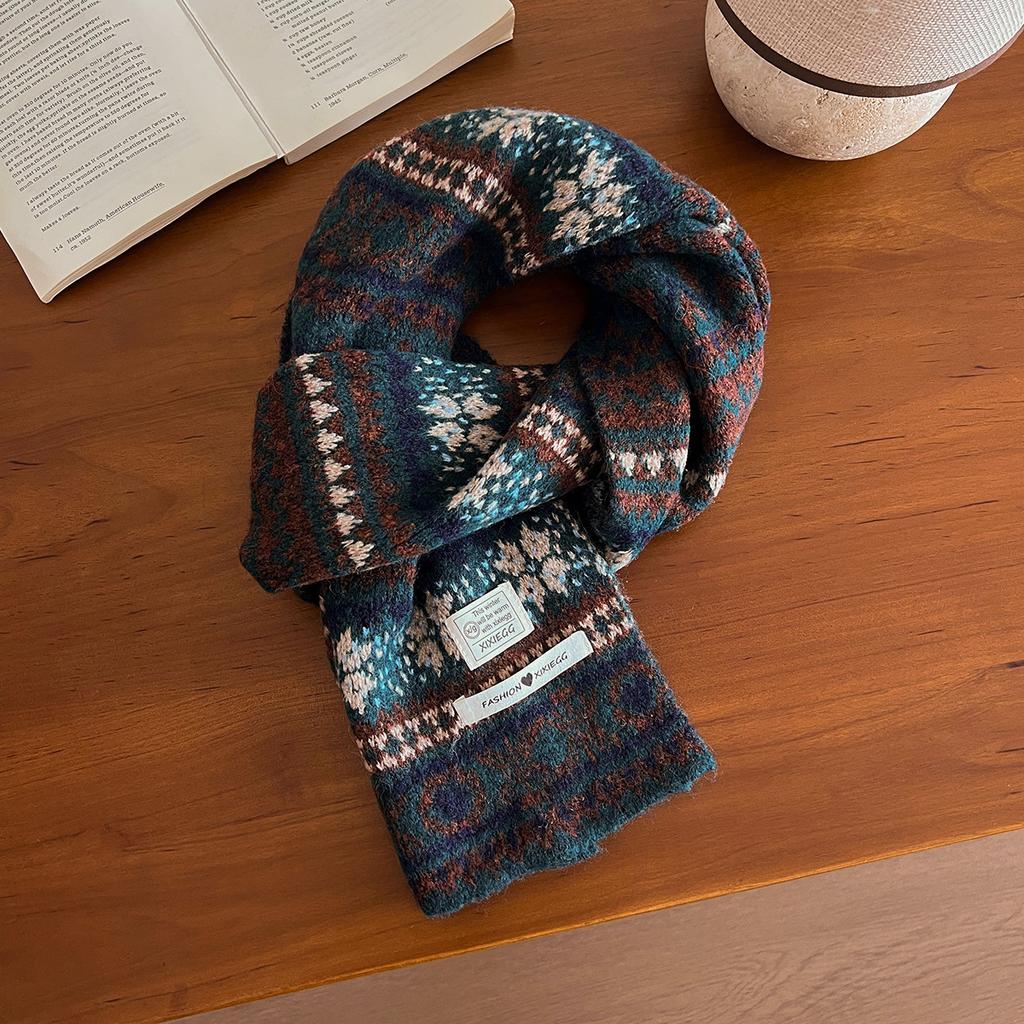 New High-end Casual Versatile Thickened Warm Scarf Winter Fair Island Style Retro Jacquard Knitted Scarf Women