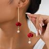 1 Pair of Fashionable and Beautiful Bows, Red Petal Stud Earrings, Pearl Pendant, Fringed Niche Retro Temperament