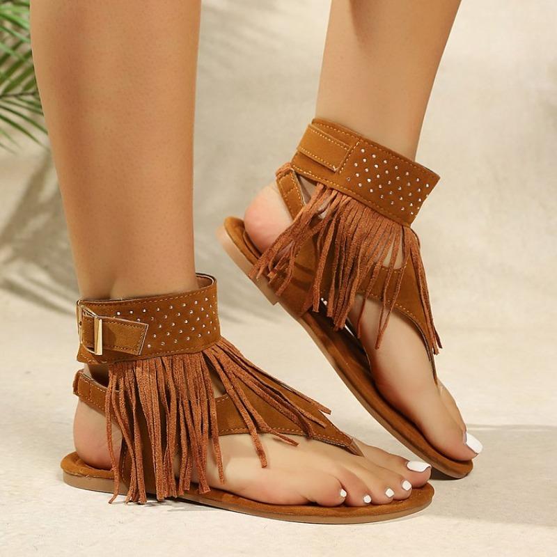 Fringe Flat Sandals Fashi Round Toe Clip Toe Lightweight Plus Size Women s Shoes 36 коричневый