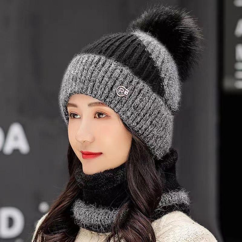 Damen-Wintermütze, warm halten, Mütze und Pelzgefüttert hinzufügen, Mütze und Schal-Set, warme Mützen für Damen, lässig, Kaninchenfell, Winter-Strickmütze
