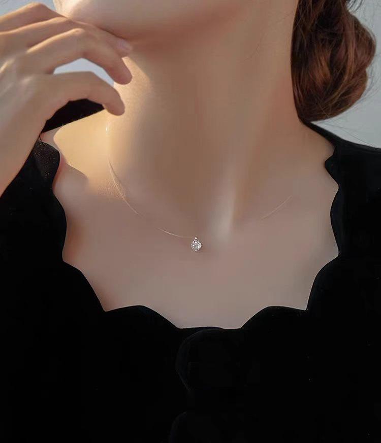 Mermaid Tear Invisible Necklace with 925 Silver Zircon Pendant – Korean Style Transparent Clavicle Chain 925 Silver