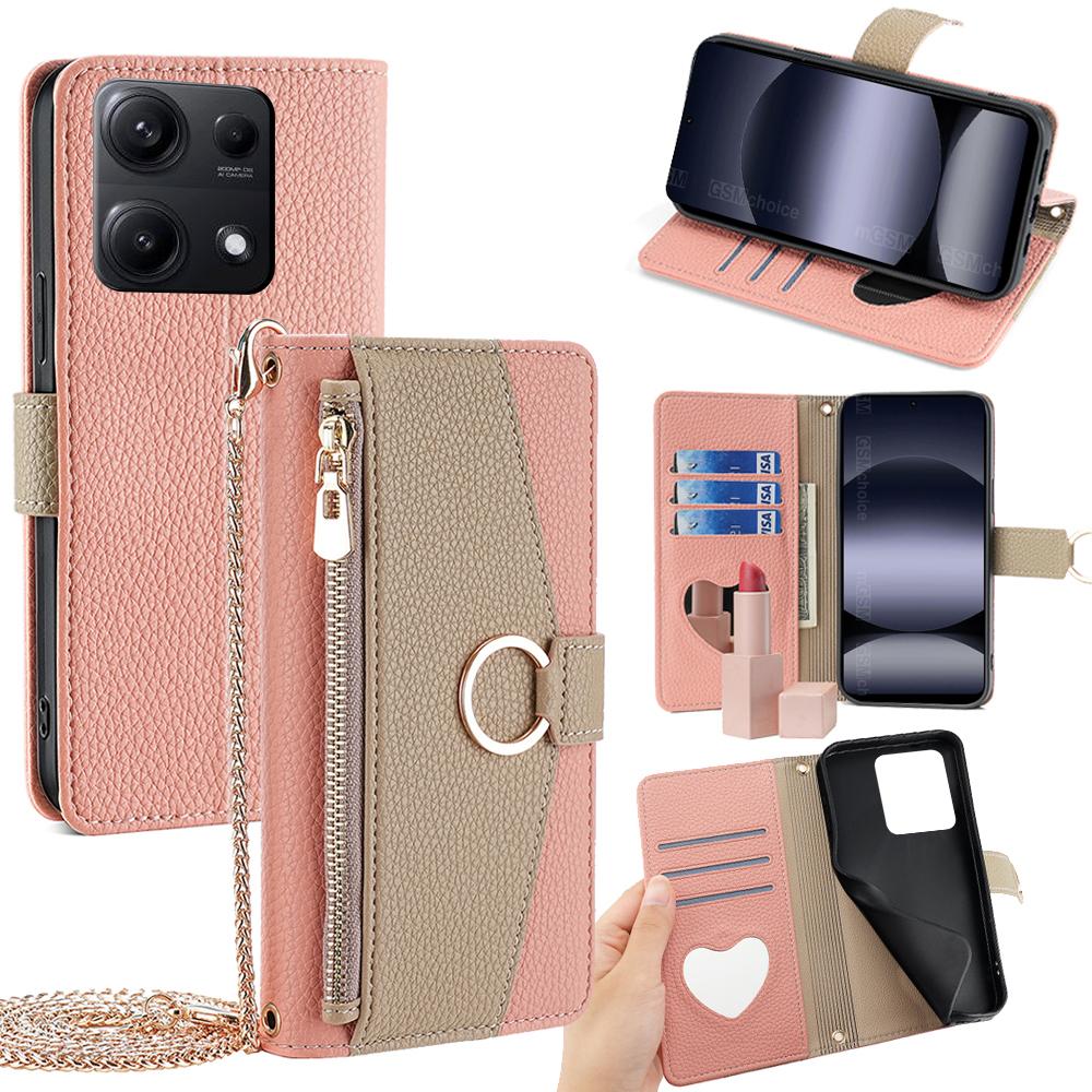

For Xiaomi Redmi Note 14S 4G Case Mirror Wallet Leather Phone Cover with Chain Shoulder Strap Pink
