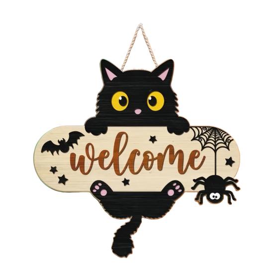 Yousheng Halloween Hanging Door Sign, Cute Cat Hanging Sign, Wooden Front Door Hanger with Hemp Rope for Porch Wall Indoor Home