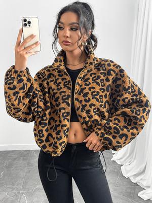 Cappotto Corto in Pile da Donna con Maniche Lunghe e Stampa Leopardata Autunno Inverno Ampio Casual Giubbotti con Zip Scollo a Scollo Abbigliamento Esterno