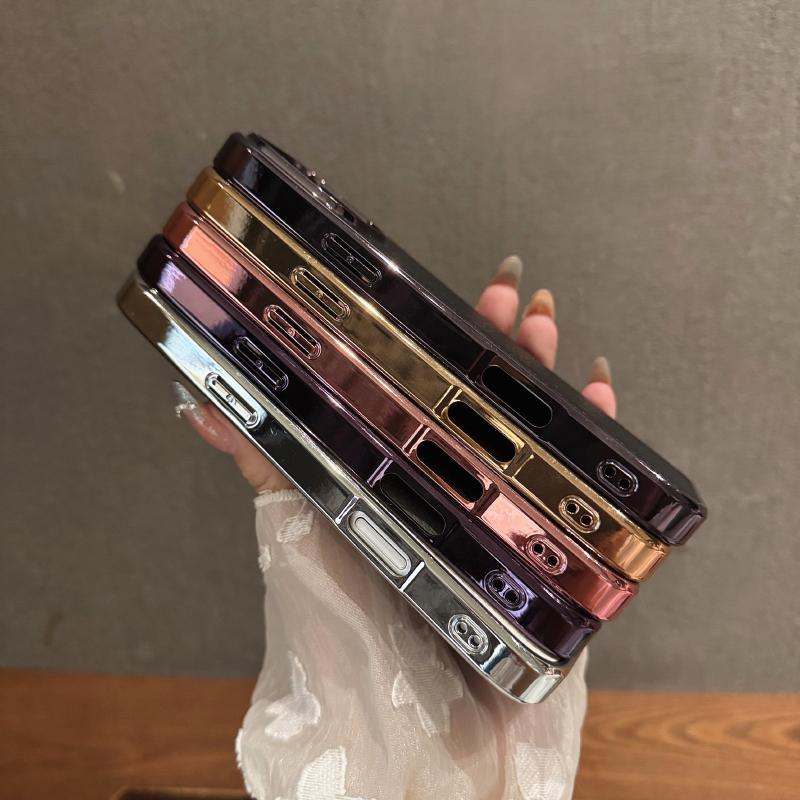 Luxury Solid Color Lychee Leather Plating Border Soft Phone Case For iPhone 17 Pro Max 15 XR 11 12 13 14 16 Pro Max Back Cover