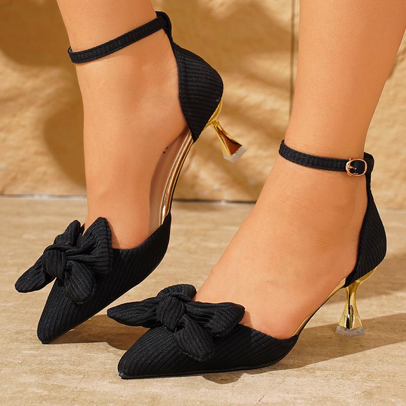 Fashion Elegant Bowtie Decor High Heel Sandals for Women Plus Size Cotton Pointed Toe Party Shoes Autumn Ankle Buckle Thin Heels Sandals