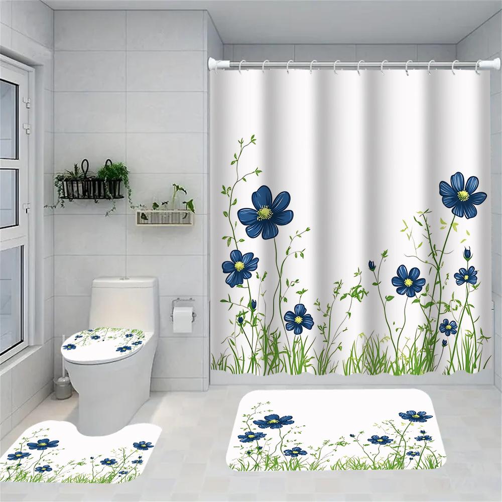 1/4 Flowers and Plants Print Shower Curtains, Toilet Seat Decoration, Shower Curtain with Carpet and Toilet Lid, 70.8x70.8 Inch