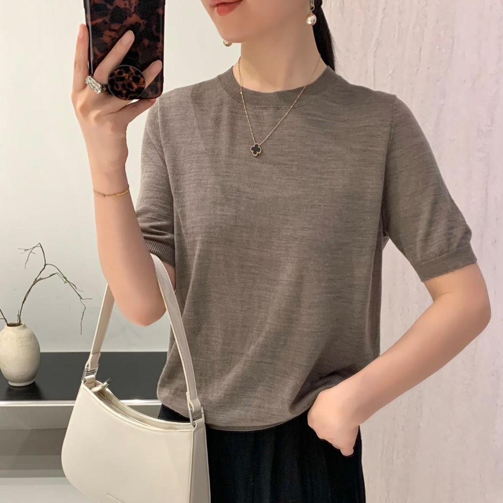 Damen Pullover 100% Wolle Gestrickt - Maschinenwaschbar, Rundhalsausschnitt, Kurzarm, Einfarbig