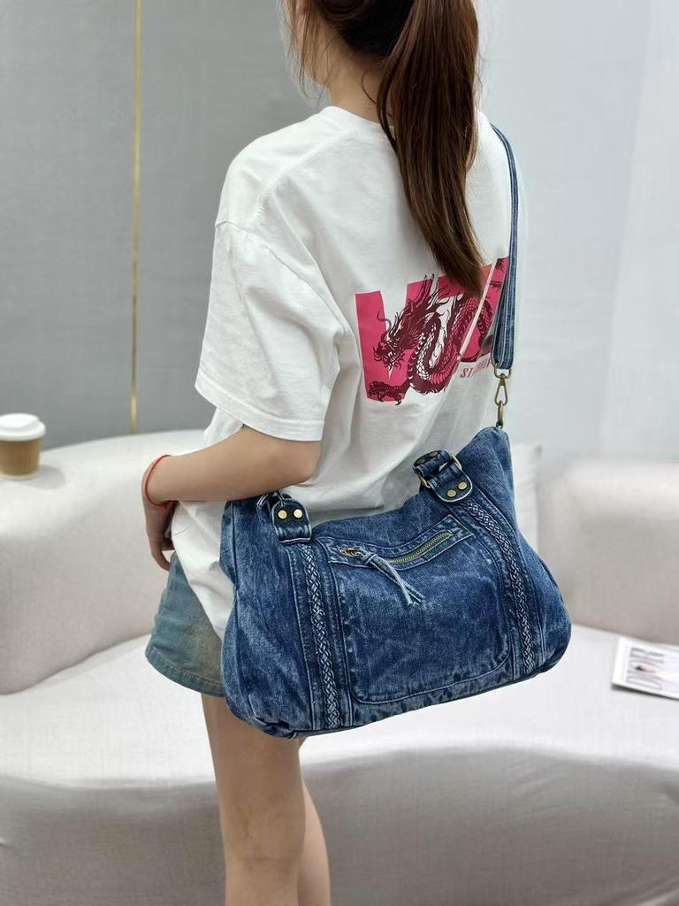 Velkokapacitní retro džínová taška tote & crossbody motocyklová taška pro ženy