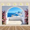 Nordische Griechische Landschaft Hausparty Dekorationen Inselstadt Santorin Blaue Kuppel Kirche Ägäis von Santorin Fotografie Hintergrund