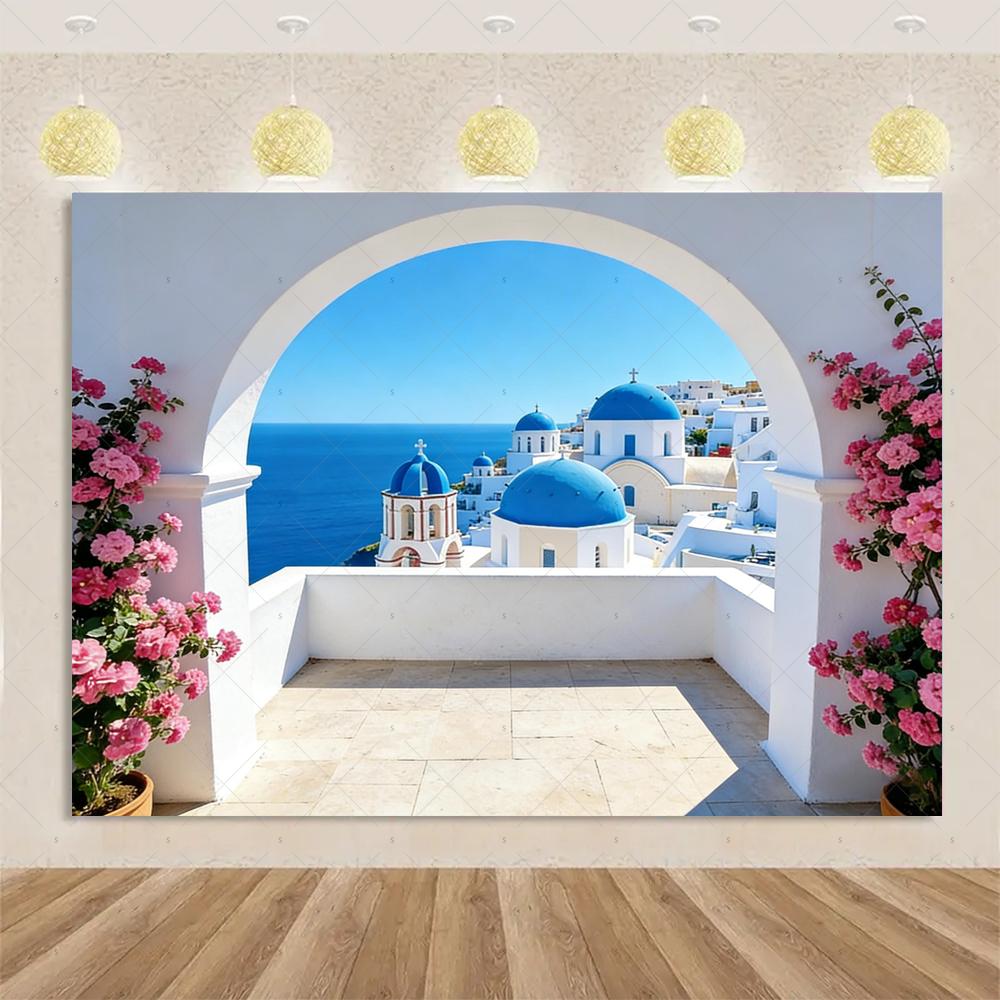Nordische Griechische Landschaft Hausparty Dekorationen Inselstadt Santorin Blaue Kuppel Kirche Ägäis von Santorin Fotografie Hintergrund