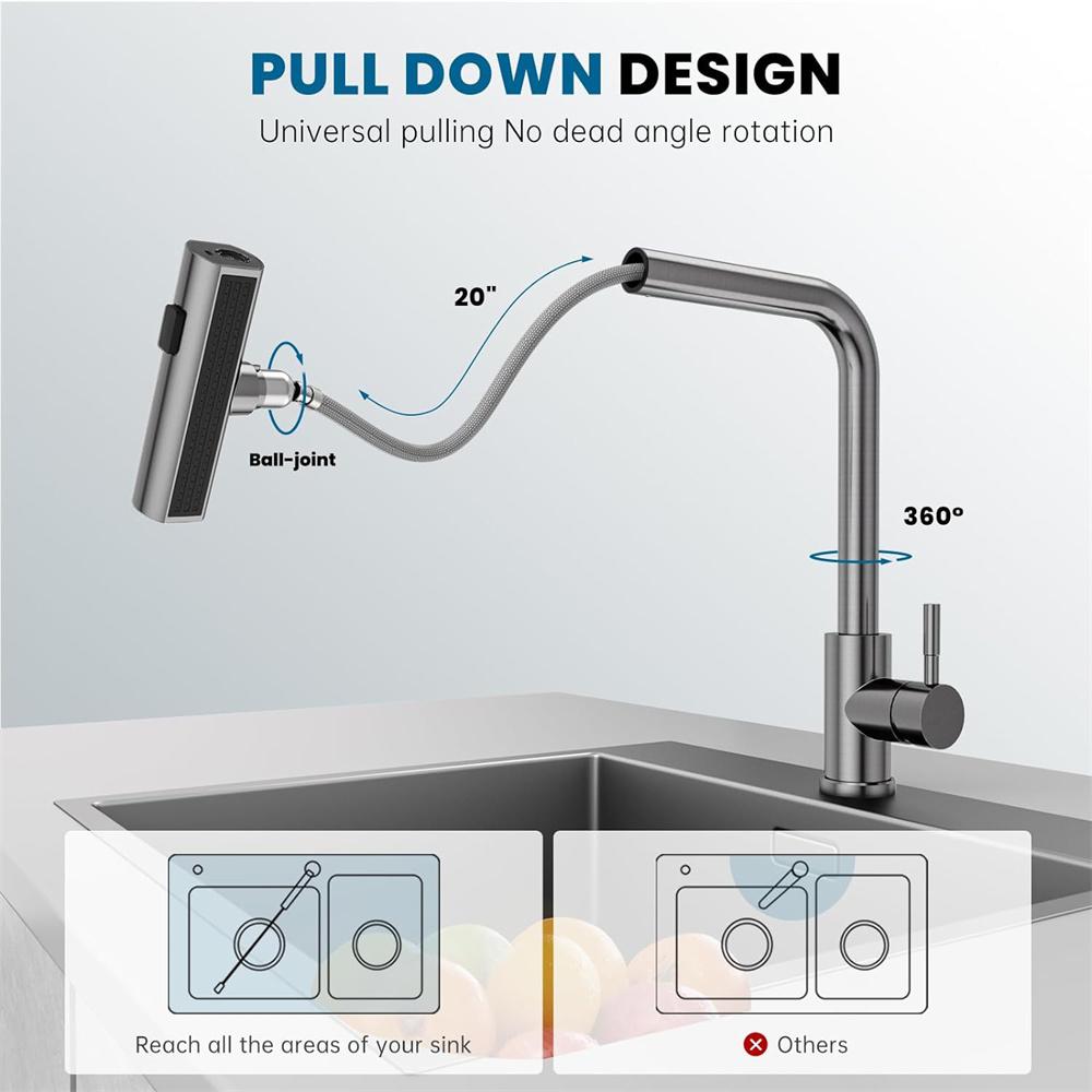 304 StainlessKitchen Faucet Pull Out Rotation Waterfall Stream Sprayer Brushed High Efficiency Cleaning Sink Steel Tap Accessory