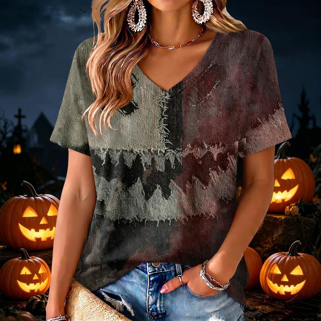 Women's V-Neck Halloween Print Lightweight Blouse for Spring and Summer Casual Wear