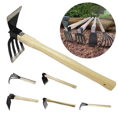 Wooden Handle Garden Purpose Hoe And Rake Planting Tools Carbon Steel Hoe And Rake Flower Raising Planting Gardening Garden Tool
