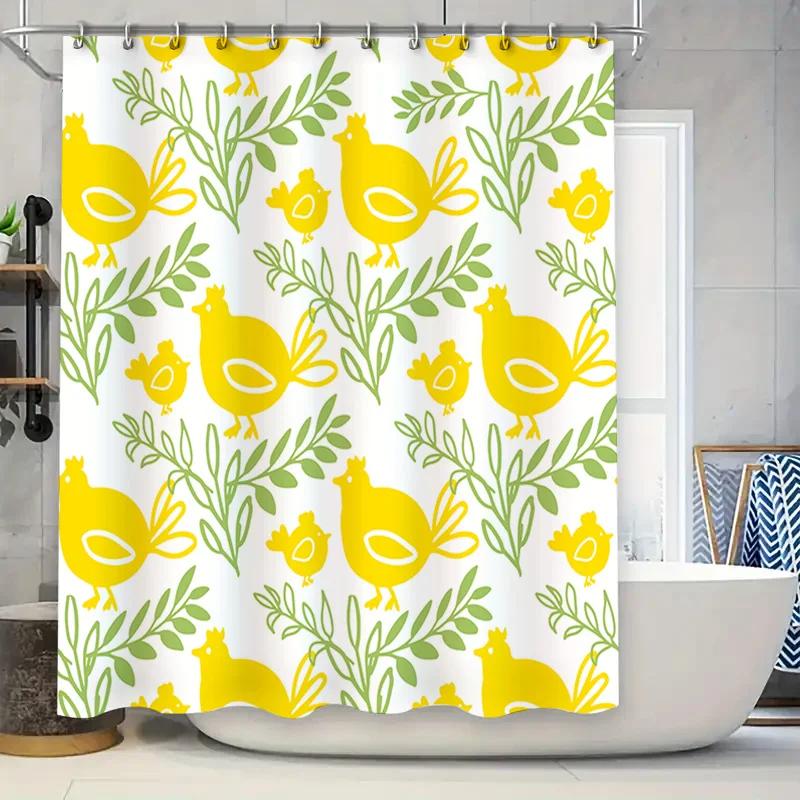 Yellow Green Bird Flower Shower Curtain Modern Bathroom Decor Set Includes Hooks (White)
