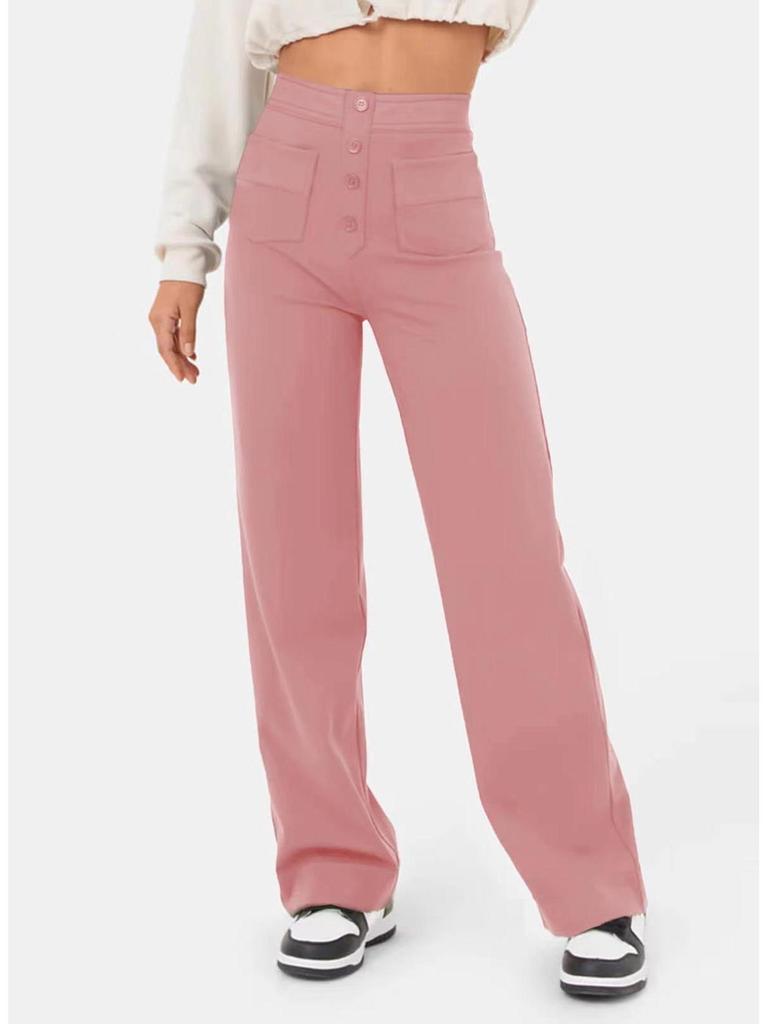 2024 Women's High-Waist Casual Straight Pants with Elastic Belt & Multiple Pockets