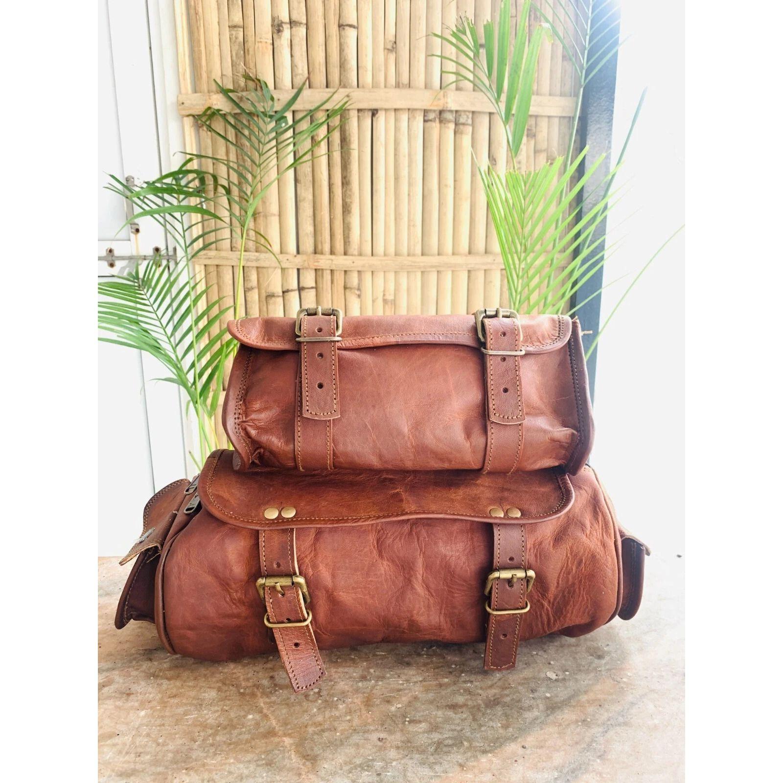 

Goat Leather Tool Bag Motorcycle BROWN Front Fork Storage 1 Large 1 Small Bag 9x5x4in / 12x9x9x in