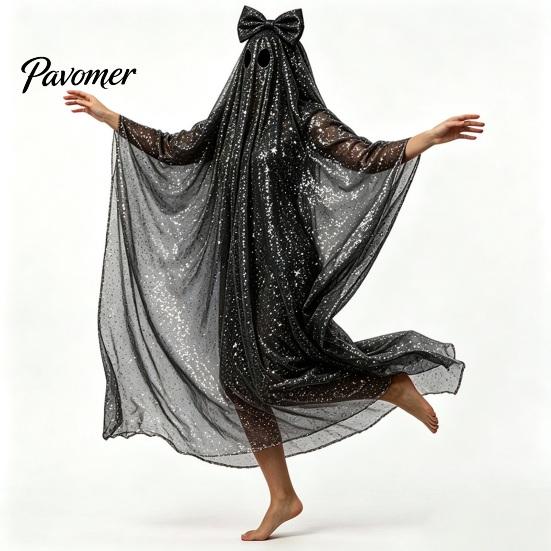 White Ghost Poncho Sequin Cape for Women, Cute Halloween Costume Cloak with Holiday Cosplay Bows, Lightweight Mesh Pullover Robe Party Photoshoot