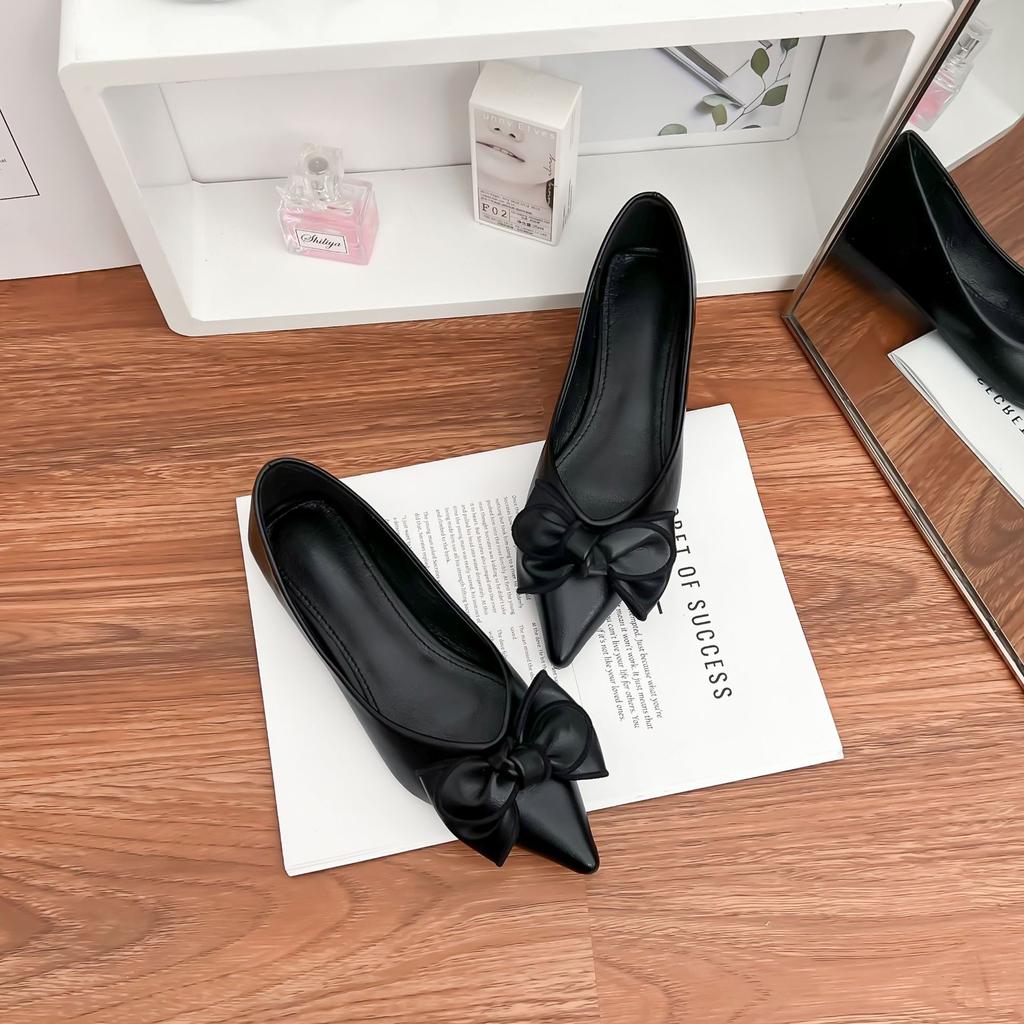 Bow pointed single shoes women's soft soles are not tired feet thick heels flat shoes light luxury comfortable soft leather work shoes versatile