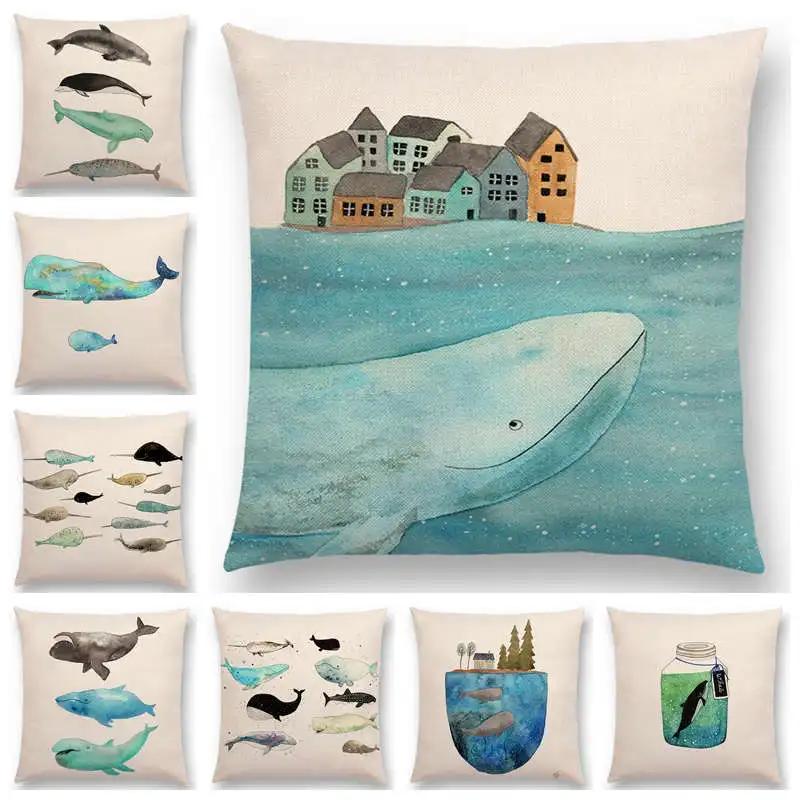 Newest Fashion Nordic Style Whale Cushion Cover Ocean Whales Home Pillow Case Linen Cotton Pillows Covers